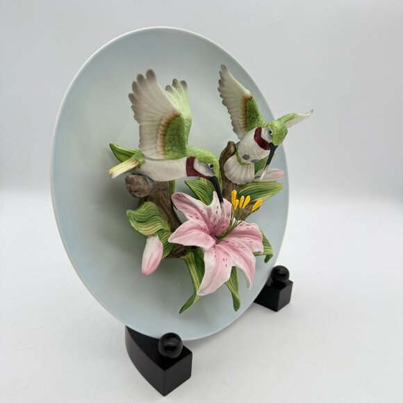 Vtg Seymour Mann Connoisseur 3D Hummingbirds Lily Collectors Plate Box Stand COA - Picture 7 of 14